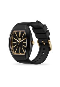 Reloj rectangular negro con acentos dorados, correa de silicona negra texturizada, marcadores de hora audaces y una pantalla de fecha en la parte inferior.