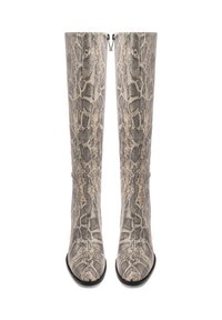 Stivali alti fino al ginocchio con stampa serpente in beige e nero, caratterizzati da un design elegante, texture liscia e chiusura con zip sul retro.