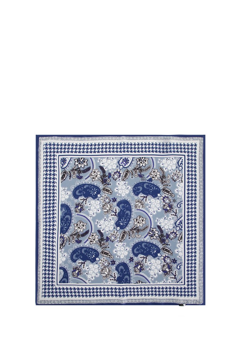 Zijden vierkante sjaal met een blauw-wit paisleypatroon op een lichtblauwe achtergrond, omzoomd met een houndstoothrand.