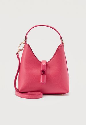 Pink textured leather handbag with a top handle, detachable shoulder strap, and front rectangular clasp closure.