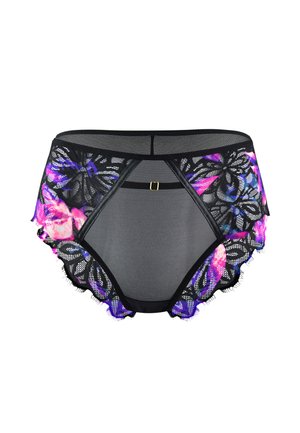 Czarny koronkowy biały wysoki z floralnymi wzorami w odcieniach różu i purpury, z przezroczystym siateczkowym wzorem i małym złotym zapięciem z przodu.