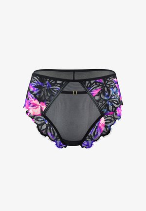 Czarny koronkowy biały wysoki z floralnymi wzorami w odcieniach różu i purpury, z przezroczystym siateczkowym wzorem i małym złotym zapięciem z przodu.