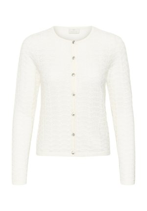 Fehér kötött hosszú ujjú kardigán kerek nyakkal és hét ezüst gombbal elöl, texturált mintával az egész felületen.
