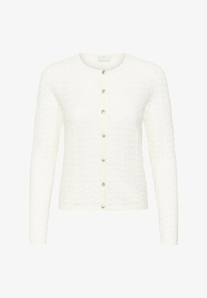 Fehér kötött hosszú ujjú kardigán kerek nyakkal és hét ezüst gombbal elöl, texturált mintával az egész felületen.