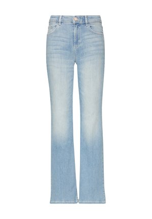 Helle blaue Denim-Jeans im Schlagstil mit mittelhohem Bund, fünf Taschen und Knopfverschluss. Mit einem verwaschenen Look und einem sauberen Saum.