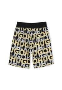 Shorts noirs arborant un motif graphique audacieux avec les mots "GO" et "HUGO" en or et argent sur un fond noir. Taille élastique.