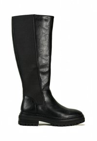 Bottes noires hautes en cuir avec un panneau textile texturé. Présentent un bout rond et une semelle crantée en caoutchouc robuste pour une bonne adhérence.