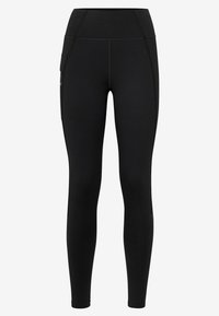 Zwarte compressielegging met een hoge tailleband, een gladde textuur en een zijvak. Heeft contrasterende stiksels voor extra detail.
