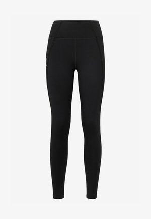 Schwarze Kompressionsleggings mit hohem Bund, glatter Textur und Seitentasche. Verfügt über kontrastierende Nähte für zusätzliche Details.