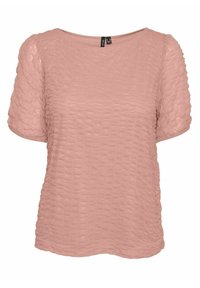 Hellrosa Oberteil mit einer strukturierten, gesteppte Muster, kurzen Ärmeln und rundem Ausschnitt. Hergestellt aus weichem Stoff, geeignet für legere Anlässe.