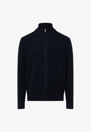 Marineblauwe trui met ritssluiting, hoge kraag, geribbelde manchetten en een gestructureerd breipatroon. Voorzien van een slanke metalen rits en een aansluitende pasvorm.