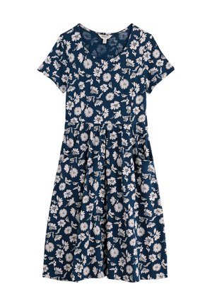 Marineblaues Kurzarmkleid mit weißem Blumenmuster, rundem Ausschnitt, tailliertem Schnitt und knielangem Rock mit Taschen.