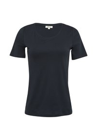 Zwart T-shirt met korte mouwen en een ronde hals, gemaakt van zacht materiaal met een gladde textuur en een klassieke pasvorm. Geen patronen of accenten.