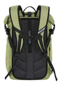 Green fabric backpack with black mesh panels, adjustable straps, and a padded back. Features buckles and a top handle for carrying.