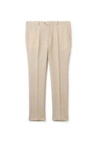 Beige linnen broeken met een rechte snit, voorzien van voorzakken, een verborgen knoopsluiting en subtiele textuur.