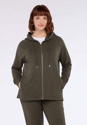 Olive green zip-up hoodie made of soft fabric, featuring a drawstring hood, gold-tone zipper, and front pockets. Slightly relaxed fit.