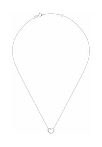 Silberne Kettenhalskette mit einem Herz-Anhänger, teilweise mit Strasssteinen besetzt, zarten Gliedern und einem Karabinerverschluss.