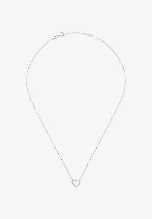 Silberne Kettenhalskette mit einem Herz-Anhänger, teilweise mit Strasssteinen besetzt, zarten Gliedern und einem Karabinerverschluss.