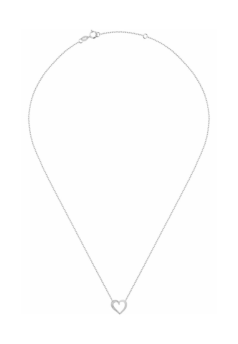 Silberne Kettenhalskette mit einem Herz-Anhänger, teilweise mit Strasssteinen besetzt, zarten Gliedern und einem Karabinerverschluss.