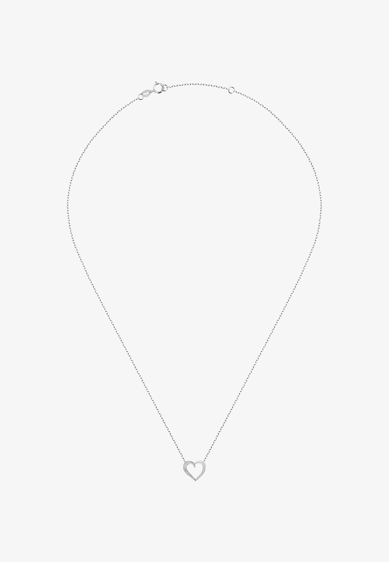 Silberne Kettenhalskette mit einem Herz-Anhänger, teilweise mit Strasssteinen besetzt, zarten Gliedern und einem Karabinerverschluss.