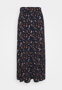 Maxikjol i marinblått tyg med blommönster i nyanser av orange, vitt och blått, med resårmidja för komfort.