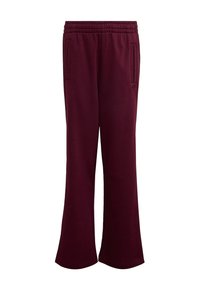 Bordeauxrote Jogginghose mit elastischem Bund, zwei Seitentaschen und ausgestelltem Bein. Hergestellt aus weichem, strukturiertem Stoff.