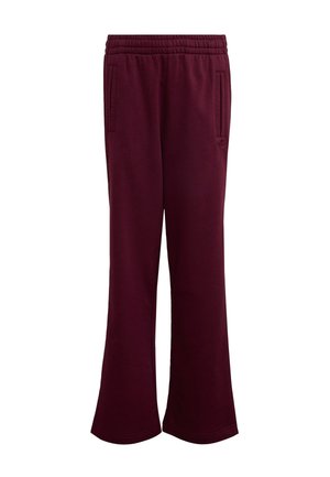 Maroon sweatpants with an elastic waistband, two side pockets, and a flared leg design. Made from soft, textured fabric.