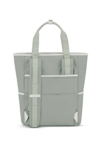 Borsa tote verde chiaro con tessuto testurizzato, doppi manici superiori e tasche esterne. Bordo e cinghie in contrasto bianco lungo i bordi.