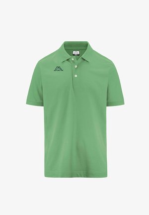 Polo shirt verde in misto cotone con colletto classico, patta con due bottoni e logo ricamato nero sul lato sinistro del petto.