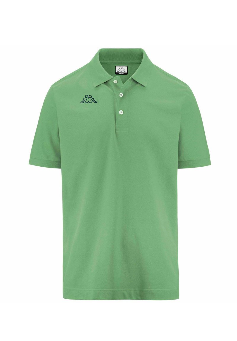 Polo shirt verde in misto cotone con colletto classico, patta con due bottoni e logo ricamato nero sul lato sinistro del petto.