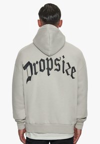 Light gray hoodie with black "Dropsize" text on the back. It features a spacious hood, long sleeves, and a ribbed hem. Smooth texture.