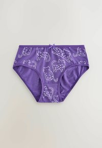 Paarse katoenen slips met een ontwerp van een witte kat, voorzien van een strikaccent bij de tailleband en een gladde textuur.