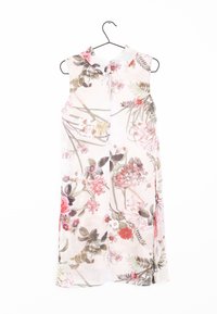 Robe sans manches à motif floral avec un fond clair, des motifs de fleurs rose et vert, un col, et une fermeture boutonnée au centre du dos.