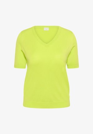 Rövid ujjú, lime zöld kötött felső V-nyakú gallérral, bordázott szegéllyel és ujjvégekkel.