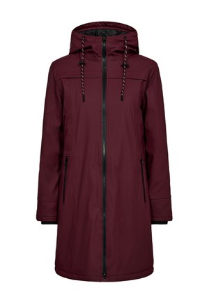 Bordeaux parka met een rits aan de voorkant, capuchon en trekkoorden; heeft zijzakken en een gladde, waterafstotende stof.