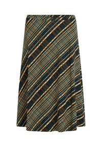 Hame flare dengan pola plaid berwarna-warni, menampilkan latar belakang gelap, aksen oranye, kuning, dan teal. Terbuat dari kain yang ringan.