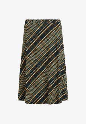 Rozkloszowana spódnica w wielokolorowy wzór w kratę, z ciemnym tłem oraz akcentami w kolorze pomarańczowym, żółtym i turkusowym. Wykonana z lekkiego materiału.