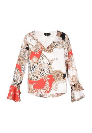 Blusa in seta con motivo floreale bianca, rossa e nera; presenta un scollo a V, maniche a campana e dettagli intricati in oro e stampa animale.