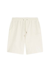 Crèmekleurige shorts met een elastische tailleband, trekkoord, twee zijzakken en een gestructureerd ruitpatroon. Subtiele geborduurde details aan de zijkant.
