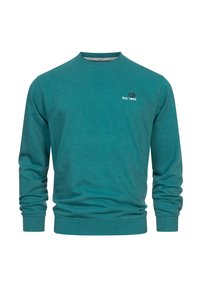 Teal sweatshirt, rund hals, lange ærmer, ribbede manchetter og kant. Har hvidt logo med "Est. 1993" på brystet. Glat bomuldsstof.