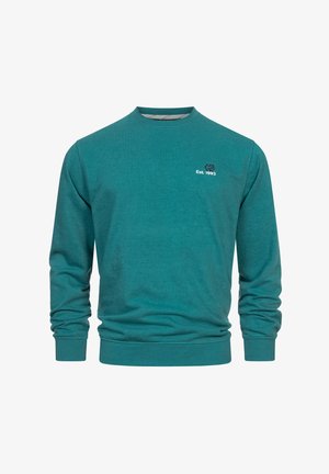 Teal genser, rund hals, lange ermer, ribbede mansjetter og kant. Har hvit logo med "Est. 1993" på brystet. Glatt bomullsstoff.