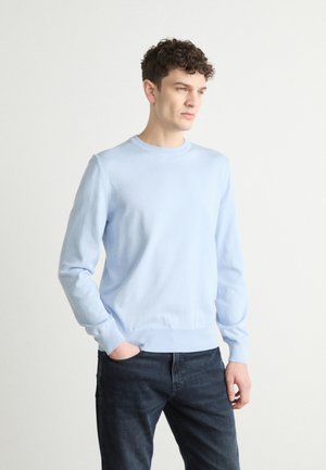 Pullover azzurro chiaro a girocollo realizzato in tessuto morbido, con maniche lunghe e polsini a costine, abbinato a jeans di denim scuri.