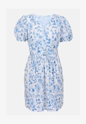 Blommig klänning i vitt och blått, med korta puffärmar, en omslagdesign, midjeband och en knälång kjol.