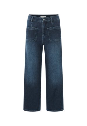 Diepblauwe denim wijde jeans met voor- en achterzakken, een knoopsluiting en een nette, rechte zoom. Klassiek vijf-pocket ontwerp.