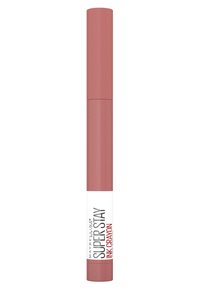Crayon à lèvres Maybelline Super Stay Ink avec une finition mate rose clair, forme cylindrique et étiquette de marque blanche dans la partie inférieure.