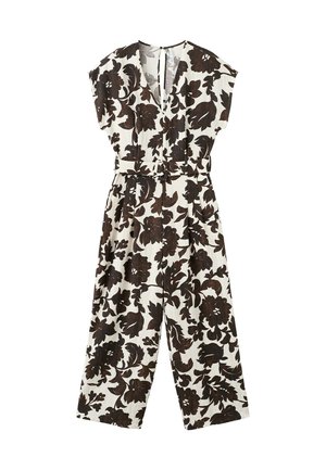Biely overal bez rukávov s širokými nohavicami, hlbokým výstrihom do V, hnedým kvetinovým vzorom a pásom z rovnakého materiálu v páse.