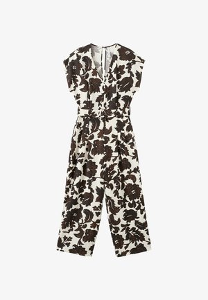 Biely overal bez rukávov s širokými nohavicami, hlbokým výstrihom do V, hnedým kvetinovým vzorom a pásom z rovnakého materiálu v páse.