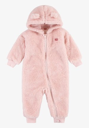 Pink fleece onesie with a zip front, hood featuring bear ears, and ribbed cuffs. Soft texture, suitable for infants.