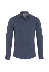 Donkerblauwe langemouwen shirt met een gestructureerd patroon, button-down kraag en een knopenrij aan de voorkant. Voorzien van blauwe knopen en een getailleerde pasvorm.