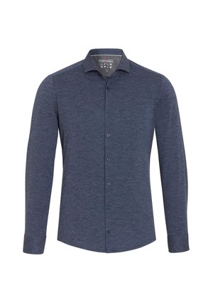 Navyblaues Langarmhemd mit strukturiertem Muster, Knopfkragen und Knopfleiste vorne. Verfügt über blaue Knöpfe und eine taillierte Passform.
